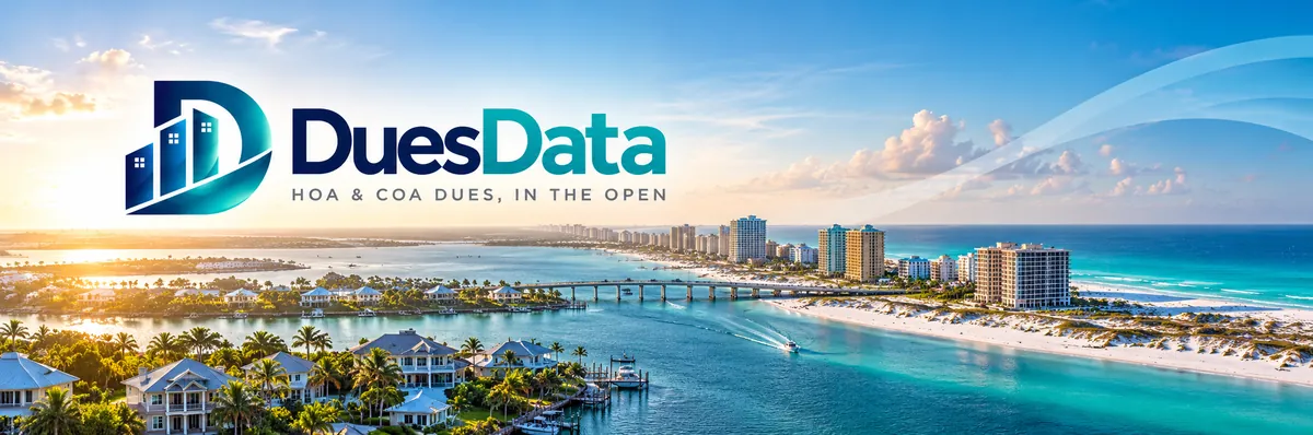DuesData logo over the Destin coastline: the East Pass bridge, Gulf condos, and waterfront homes at sunset